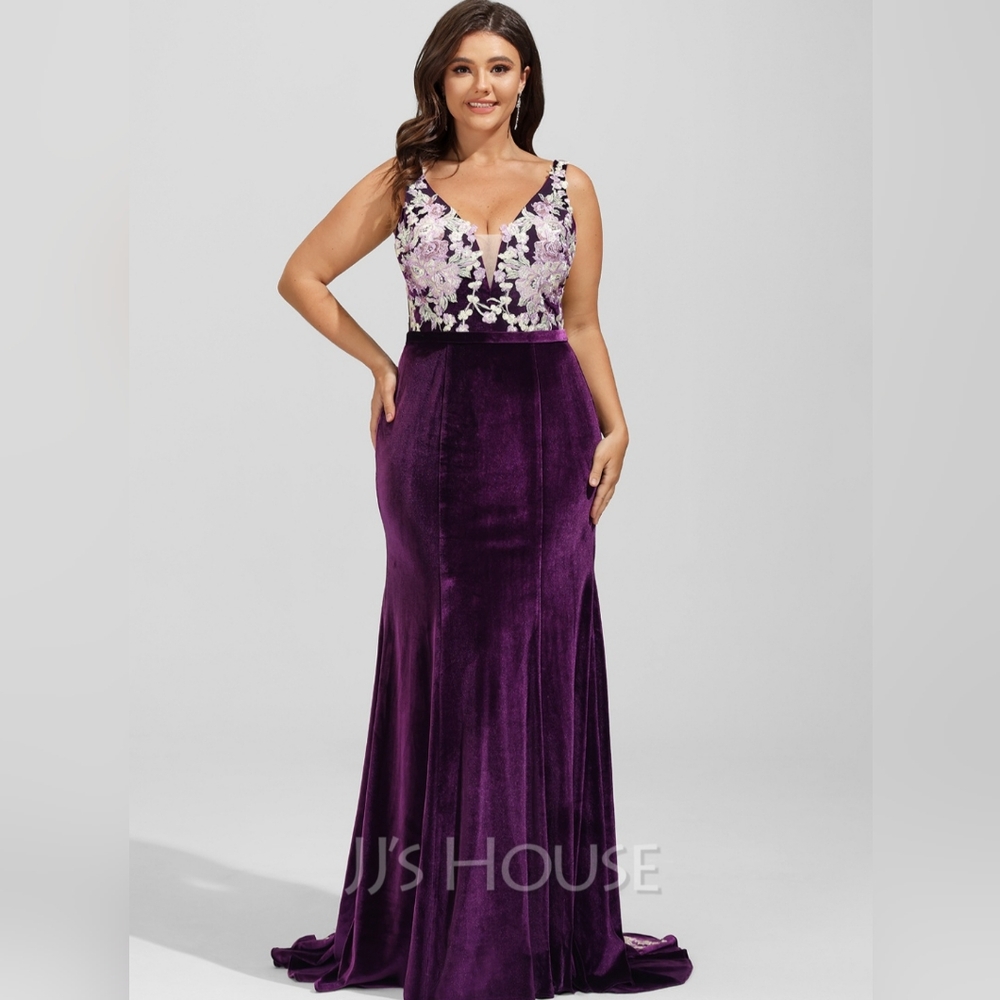 Purple flowered velvet evening gown with train